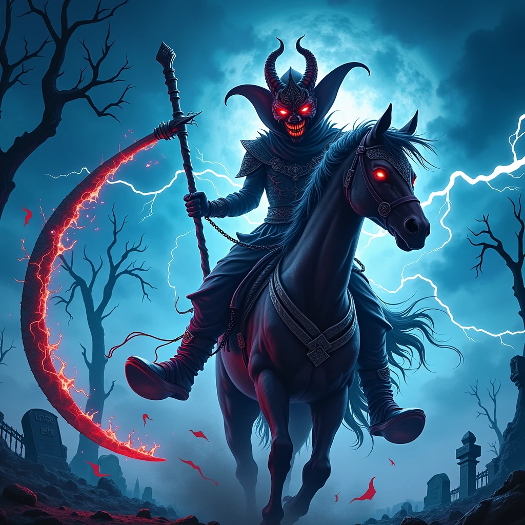 (Best quality,4k,8k,high resolution,masterpiece:1.2),ultra-detailed,Realistic:1.37,dark soul boss style,scary steel mask,background haunted,scythe weapon,fantastic corrupted farmer outfit, riding an evil horse, energy flows around the body,electric battle aura,Dynamic lighting,ominous atmosphere,lightning,Sinister and desolate,twisted trees,scary fog, Disturbing shadows, weathered scarecrows, distorted landscapes, haunting whispers, threatening skies, crumbling ruins, a threatening storm brewing, lingering sense of darkness, ominous runes, broken tombstones, mystery and suspense, brutal and intense, #39;dread and fear, gothic elements, oppressive silence, threatening presence, atmosphere full of horror, dark and tormented souls, sinister energy, evoking a feeling of doom, a reality steeped in nightmares, writes "FarmMasteR" an background