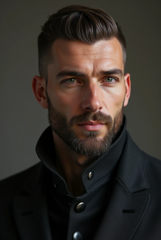Create a man with an oval face, Italian style aquiline nose, with straight hair and french crop haircut, tall and a little stocky, and with a sparse beard