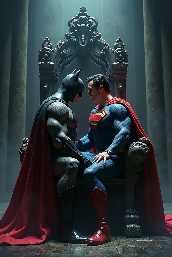 Batman and Superman fight sitting on dark throne