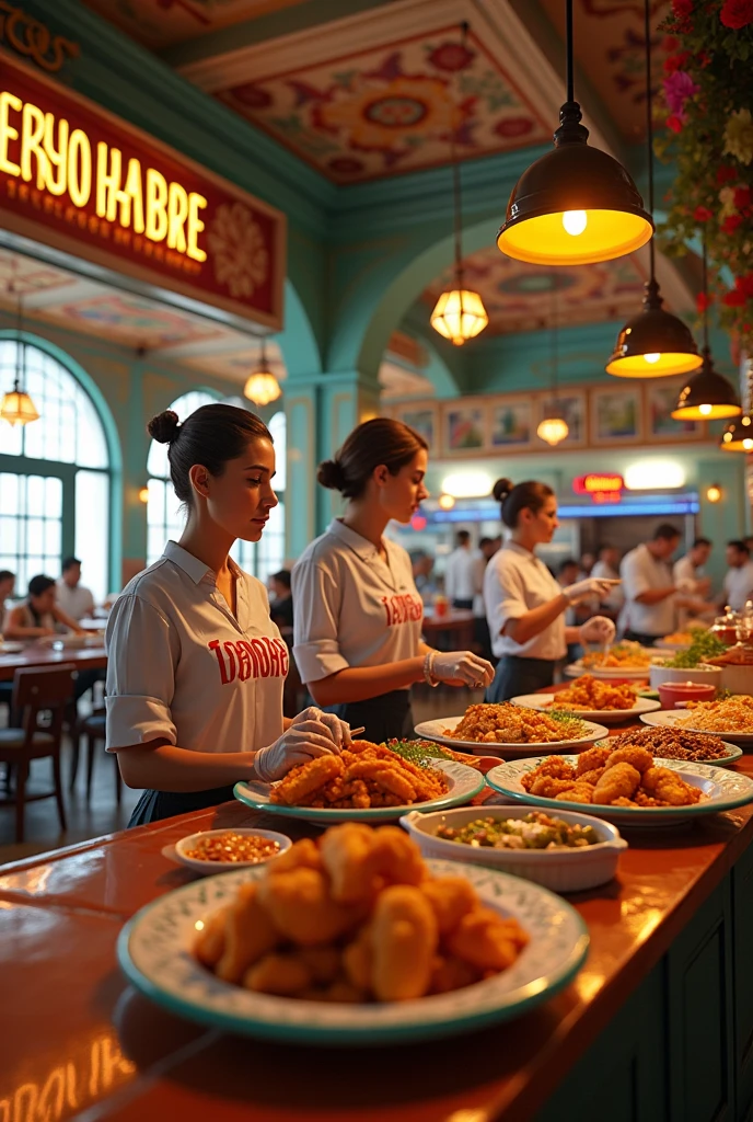 A hiperrealista 4D image of a big restaurant named "tengo Hambre detailed with Caribbean food and fried chicken,show the whole restaurant  with the employee working with the uniforms with all the letters on spanish 
