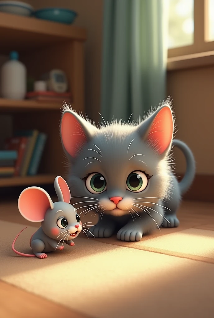 Gray cat looking for something. And the mouse hiding Caricature