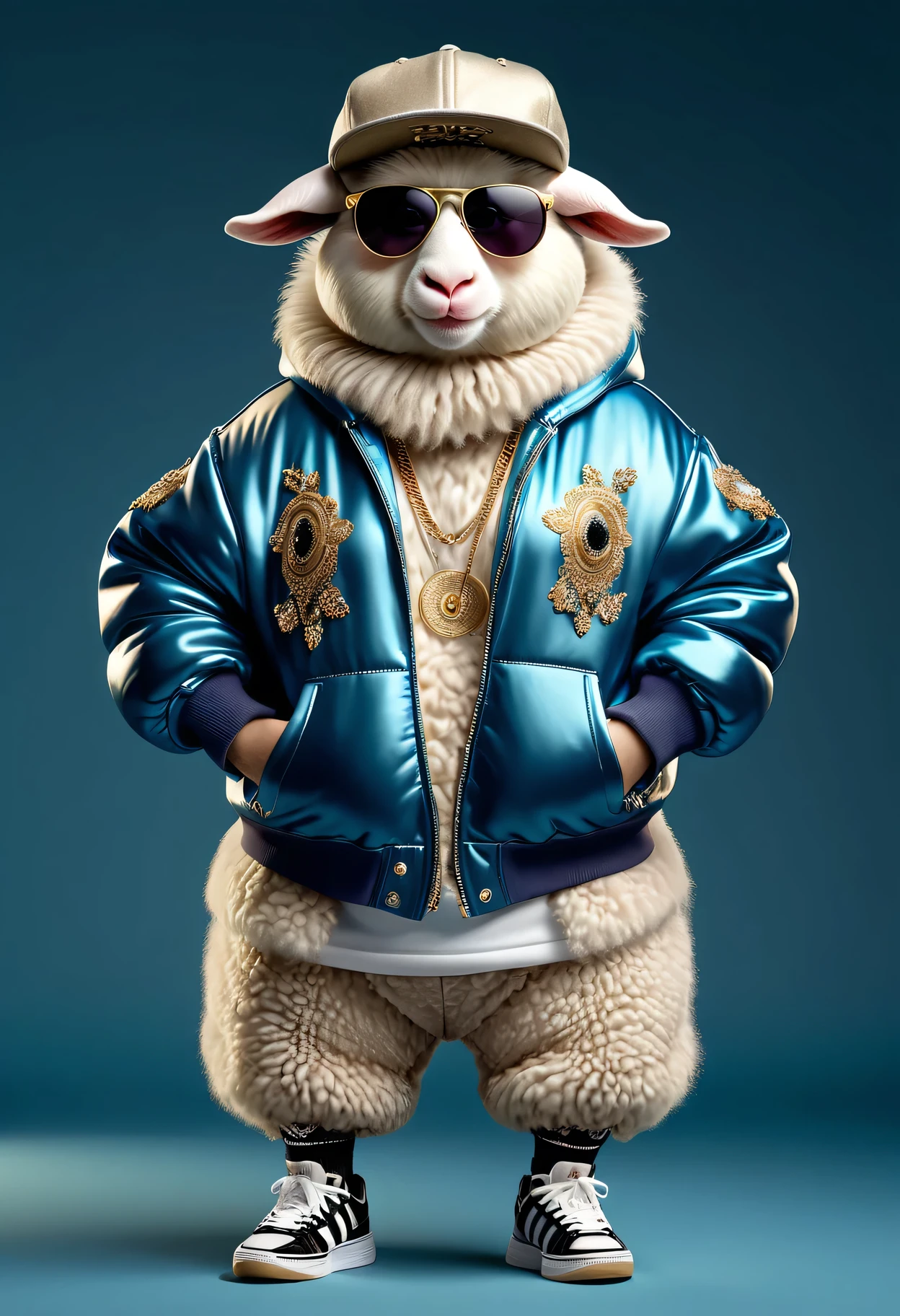 photorealistic portrait of Dressed animals - a ((fat)) (angora goat) hip hop dancer,(furry),(hands on hips:1.5), high quality,(lovely) ,intricate details, highly detailed ((hip hop fashion)) ,(wearing sunglasses:2.0), (cap, sneakers),(wearing a jacket and hoodie) ,, wearing sunglasses, (happy), studio lighting,(full body image:1.5)