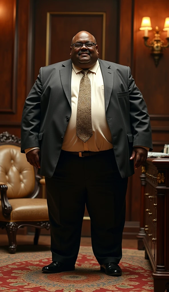 An African boss with a big belly who eats badly