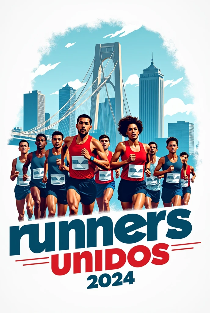 Latinos Runners unidos logo in Dallas Texas and a bridge behind the runners 2024 and in cool letters that say “runners unidos”