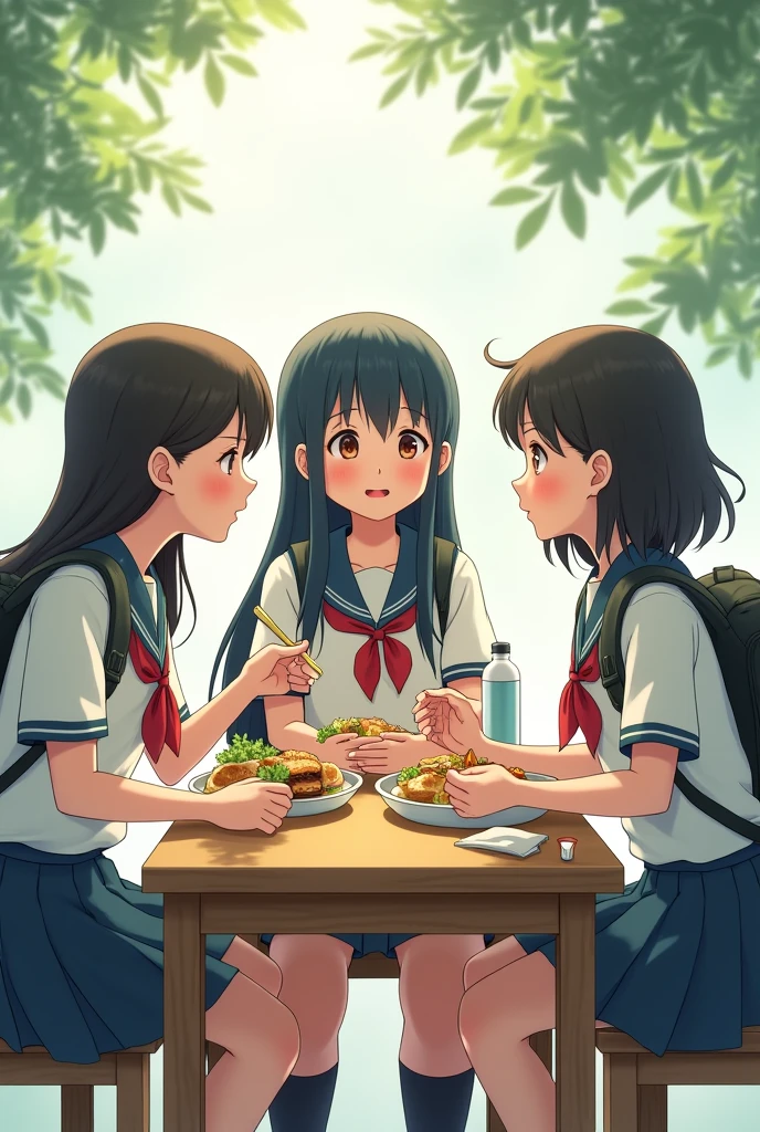 Two girls and a boy having lunch at a table ,dressed in school uniforms ,all with Asian features .