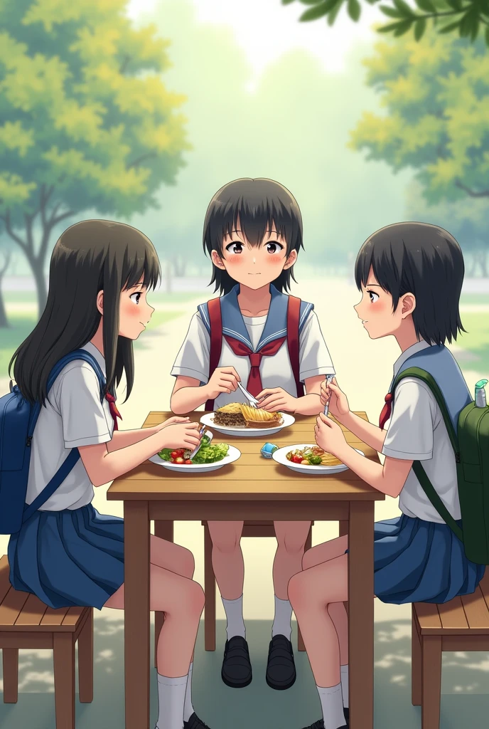 Two girls and a boy having lunch at a table ,dressed in school uniforms ,all with Asian features .