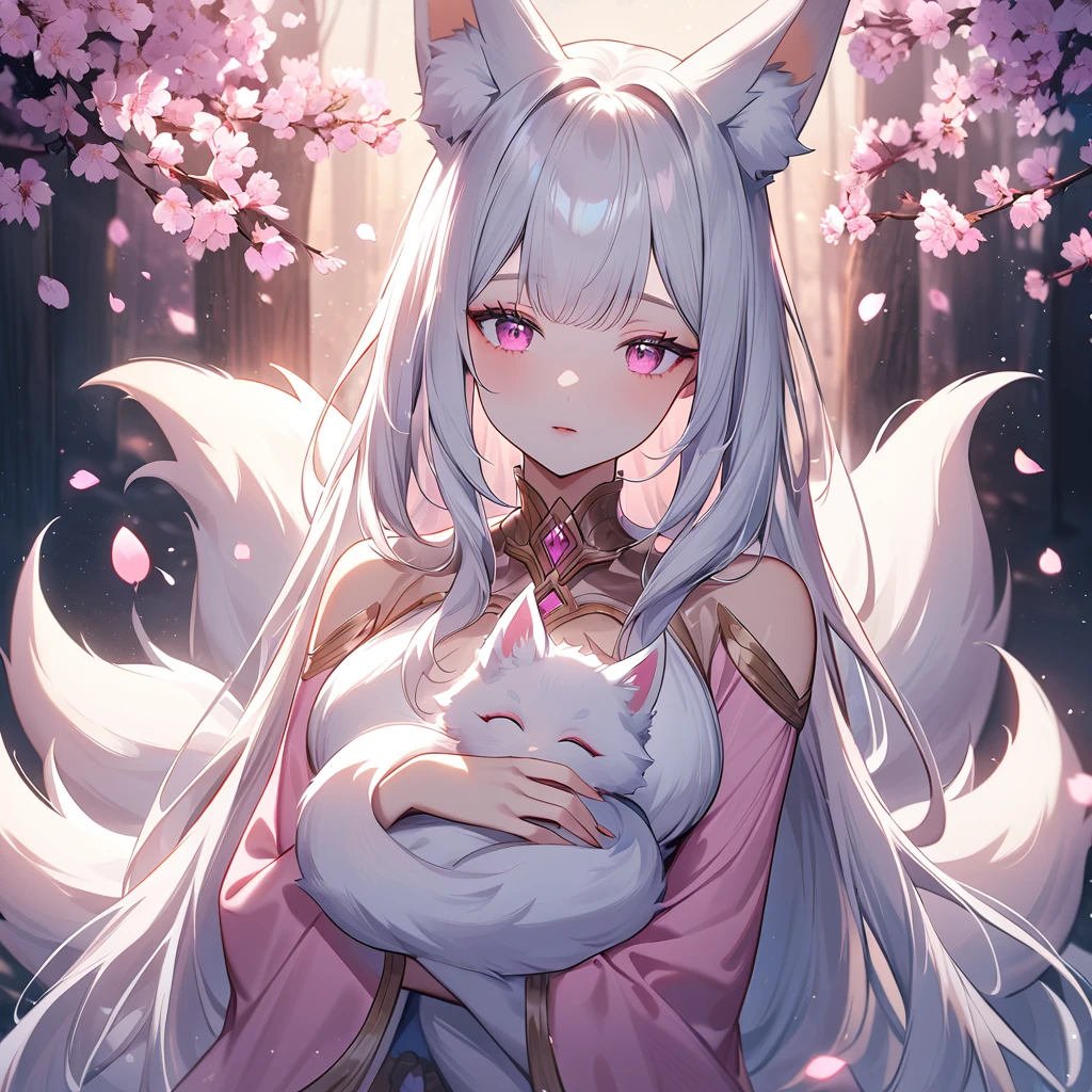 A digital illustration of a kitsune with long white hair and pink eyes, holding a baby kitsune with similar long white hair and pink eyes in her arms. The adult kitsune has an ethereal, serene expression, her flowing white hair cascading down her shoulders, her fox ears peeking through. The baby kitsune is cradled gently, her small hands resting on her mother's chest, looking curiously with her bright pink eyes. The scene is softly lit, with a dreamy, magical atmosphere, surrounded by soft pink cherry blossom petals floating around them, fantasy, folklore, gentle light, pastel colors, whimsical style.
