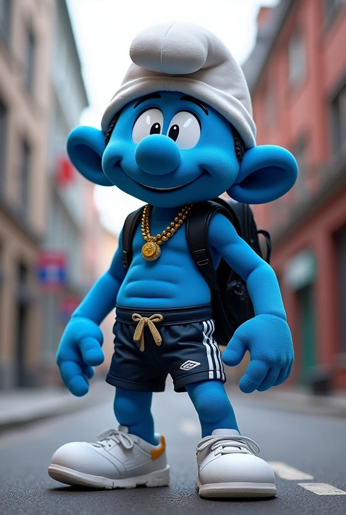 Create smurf mascot image, in the cool style with a gold chain around the neck, backpack on back, futsal athlete style