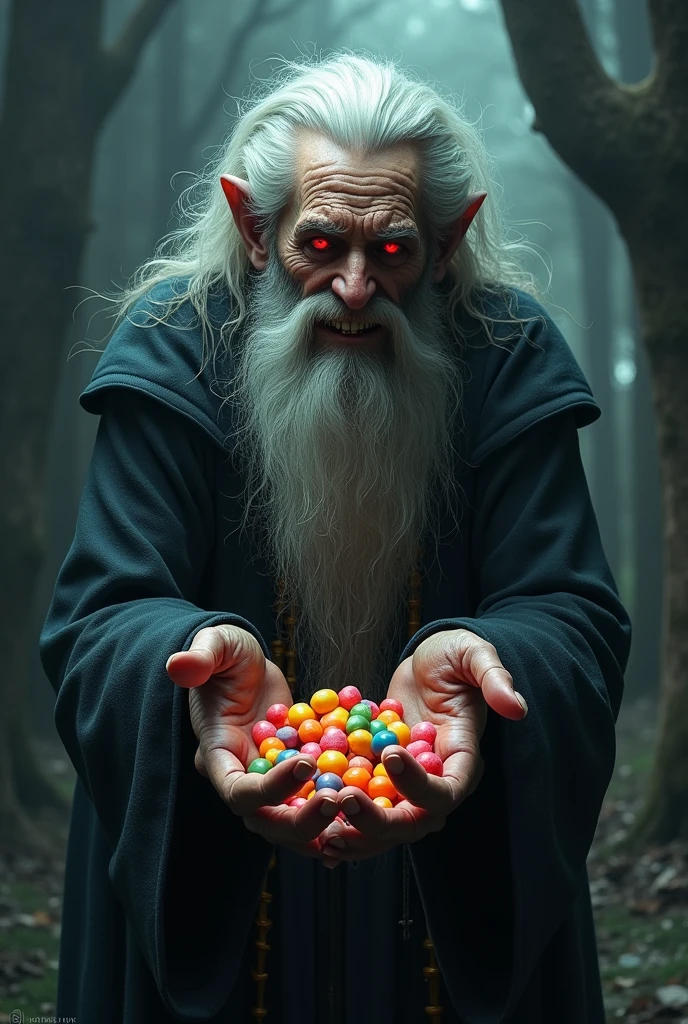 An old wizard with long nails, long hair and red eyes is standing there smiling broadly and offering candy.

