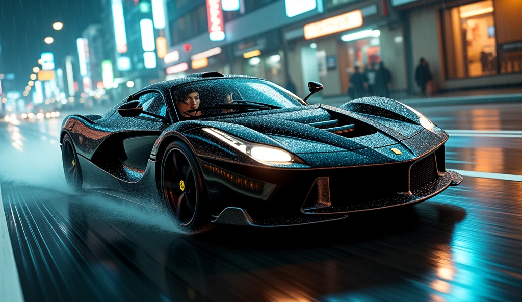 black ferrari sports car in motion running at night in the rain on the streets of tokyo with an asian girl inside it