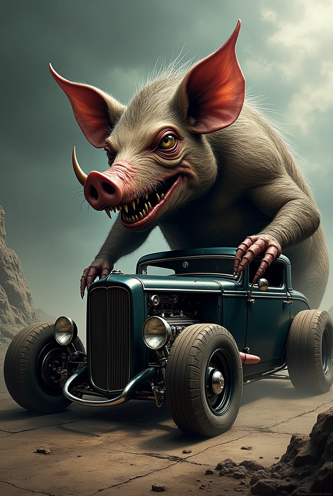 Like a Rat Fink Hot rod art, a monster pig heavy metal vibe, in a muscle black car