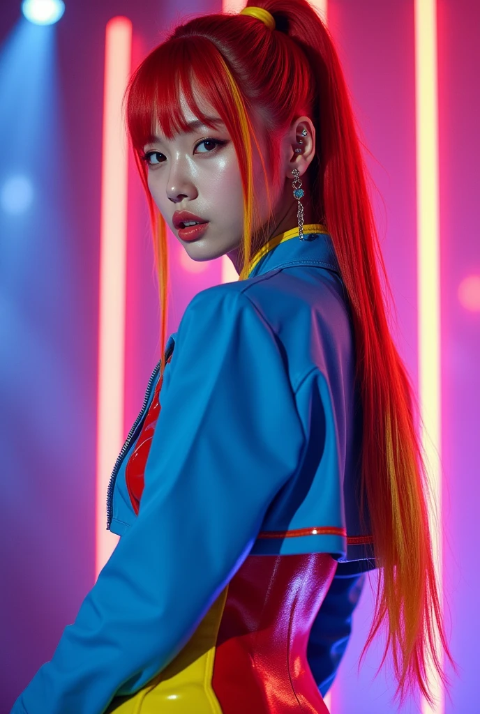 masterpiece, Highest quality, Ultra-high resolution, (sexy Korea idol man: 1.3), Red hair with yellow side streaks, Straight hair、long tied hair, Looks like a、(red and blue harajaku: 1.2), (The jacket is a blue jacket with red and yellow details.: 1.2), back view、Big, shapely ass、The kpop show paucco where the spotlight is dazzling、A little wet、mouth piercing, Focus on the big ass and beautifully shaped