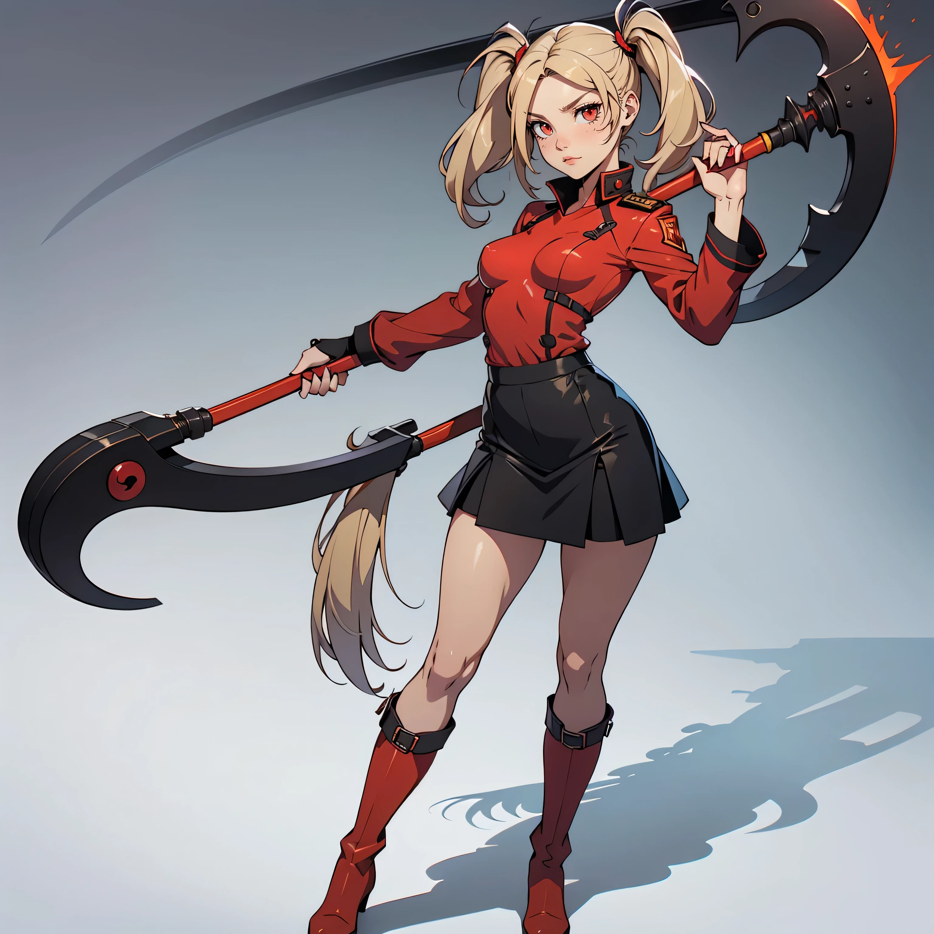 Very detailed, neutral facial expression, small breasts, full body view, blonde hair with long twintails, red eyes, looking at viewer, black and red uniform, skirt, black boots, holding scythe, combat pose.
