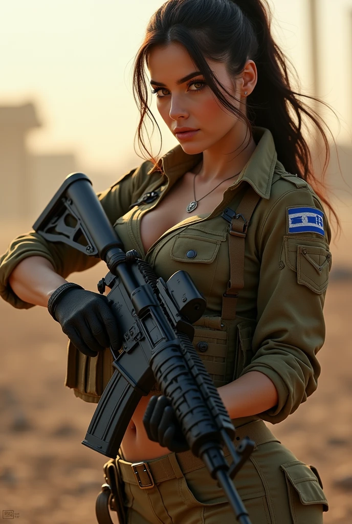 a sexy beautiful female soldier, israeli girl in action, wearing a sexy soldier's uniform, with an M-4 rifle battlefield background, sexy pose, very detailed, very accurate, 4k quality, beautiful lighting, bokeh, busty, big breasts, large boobs, cleavage, thin and slim waist, bubble booty, beautiful face, awesome lips, brunette, ponytail hair, voluptuous hourglass body. Epic cleavage. (120 DD size) Perfect anatomy, Perfect eyes, very detailed eyes, perfect hands, perfect body, perfect hair, perfect breast, accurate, UHD, retina, masterpiece, anatomically correct, textured skin, super detail, high details, high quality, award winning, best quality, highres, 16k, 8k. Carmen Electra.