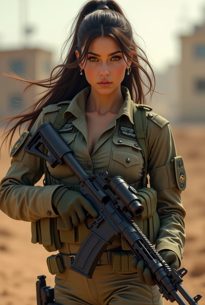 a sexy beautiful female soldier, israeli girl in action, wearing a sexy soldier's uniform, with an M-4 rifle battlefield background, sexy pose, very detailed, very accurate, 4k quality, beautiful lighting, bokeh, busty, big breasts, large boobs, cleavage, thin and slim waist, bubble booty, beautiful face, awesome lips, brunette, ponytail hair, voluptuous hourglass body. Epic cleavage. (120 DD size) Perfect anatomy, Perfect eyes, very detailed eyes, perfect hands, perfect body, perfect hair, perfect breast, accurate, UHD, retina, masterpiece, anatomically correct, textured skin, super detail, high details, high quality, award winning, best quality, highres, 16k, 8k. Carmen Electra.