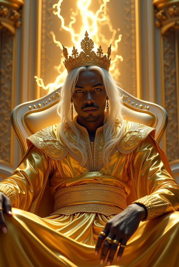 Black man in a golden and white hall. Upper Body encrusted in gold. Golden eyes. Sultry look. white hair. Golden crown on head that reaches his forehead. Long golden earrings. Full Finger Chinese style gold rings. Filled with golden lightening. Sitting on a throne. Ultra high quality.
