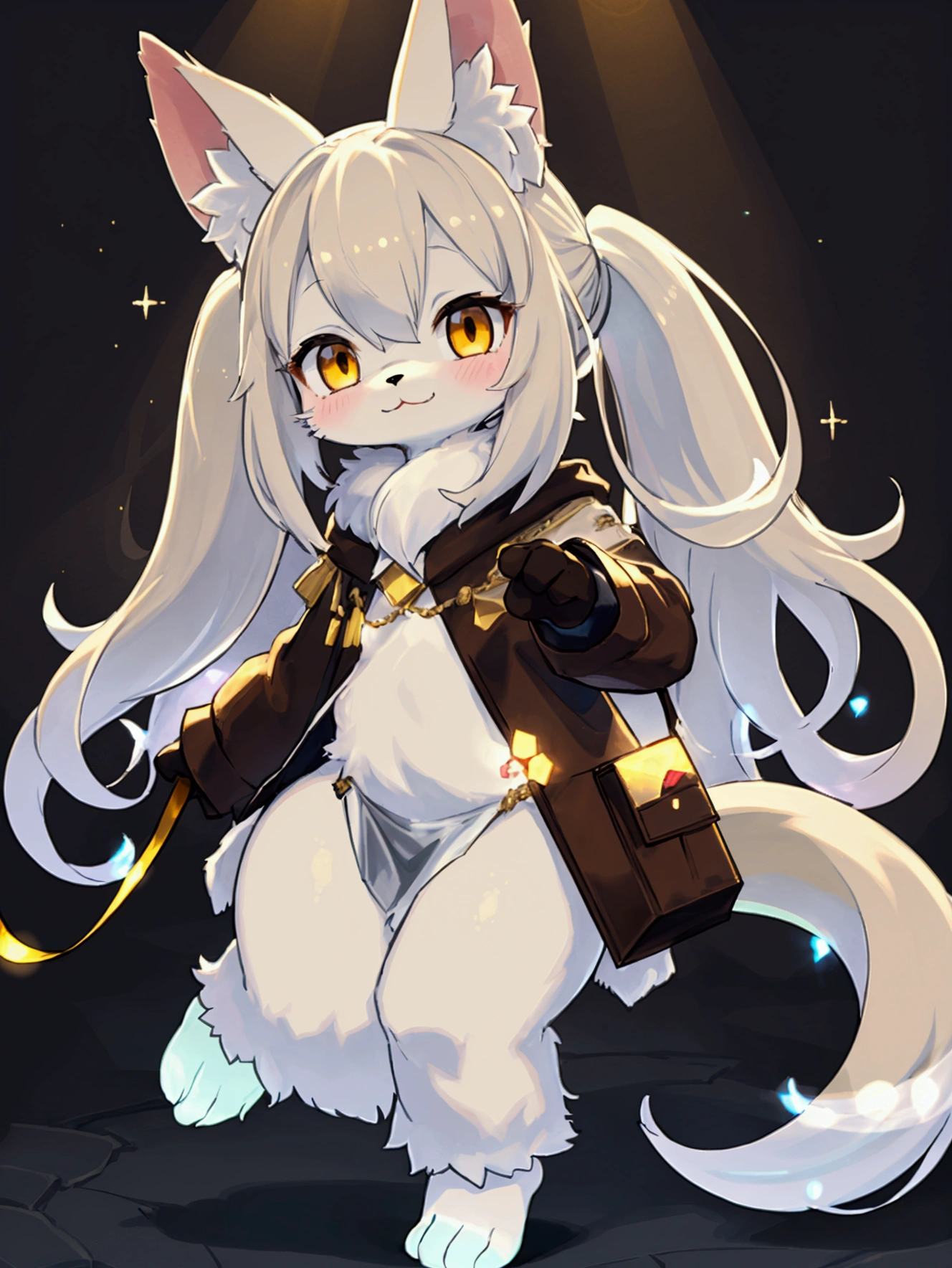 Super cute little animals,hairy white fur,White powder element,beautiful lights and shadows,Yellowish brown eyes, ambient lights,ultrafine pele,Volumetric Light。