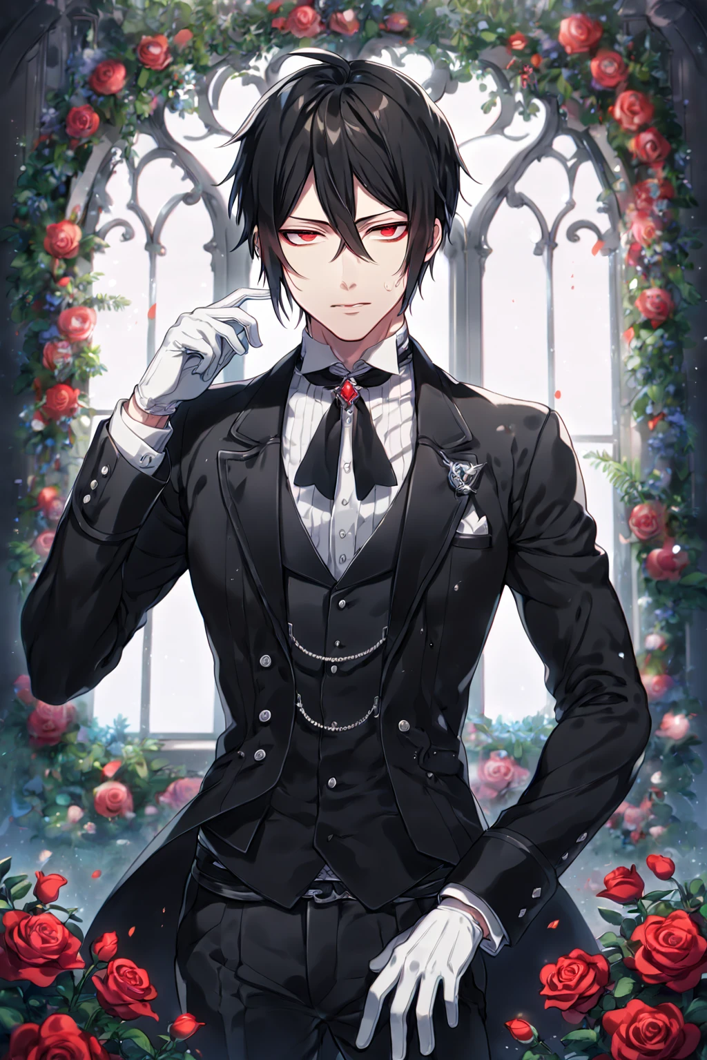 absurdres, highres, ultra detailed, HDR, master piece, Sebastian Michaelis, black hair, expressive red eyes, black clothes, white gloves, black pants, Kuroshitsuji, sexy man, handsome, best quality, fantasy, magical, solo, sensual, window, garden, mansion, Black Butler, manly man, mature man, adult face,