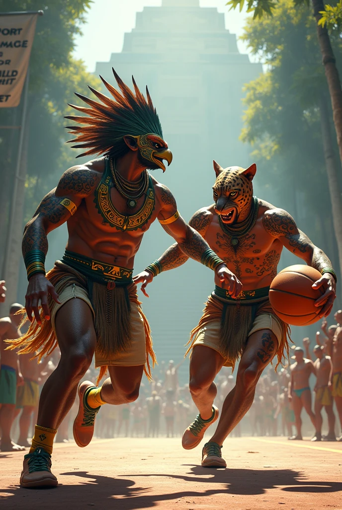 Aztec eagle warrior and jaguar warrior playing basketball