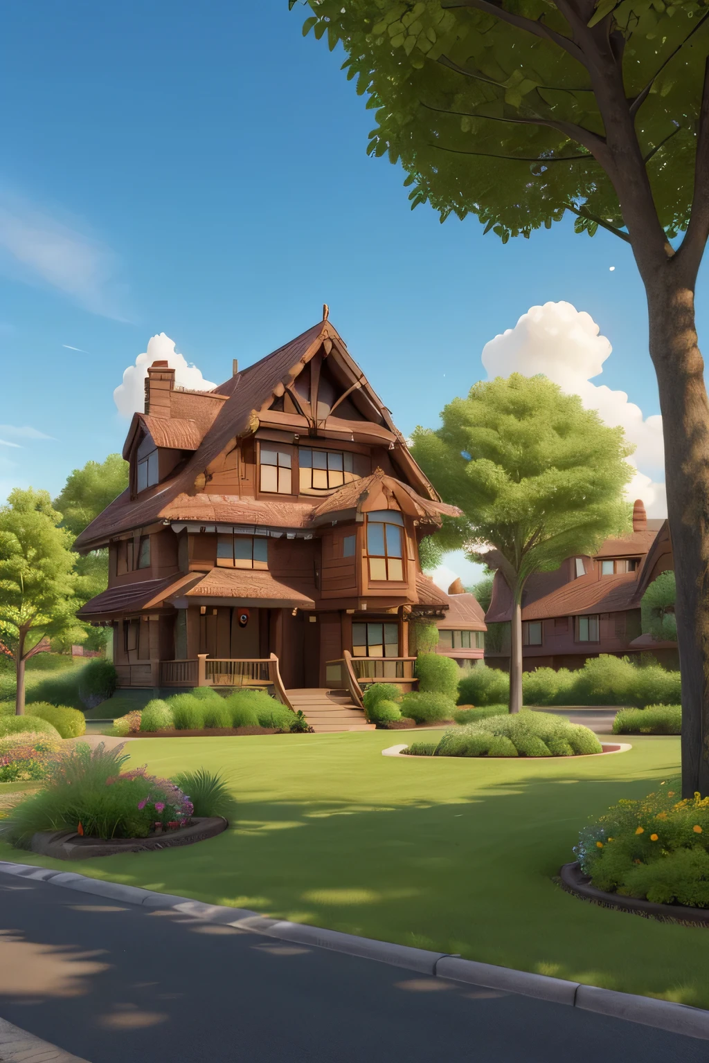 Create for me an urban and natural landscape from the front without being 3d or three-dimensional (with more beautiful buildings and more beautiful trees too ) and this whole design is just green