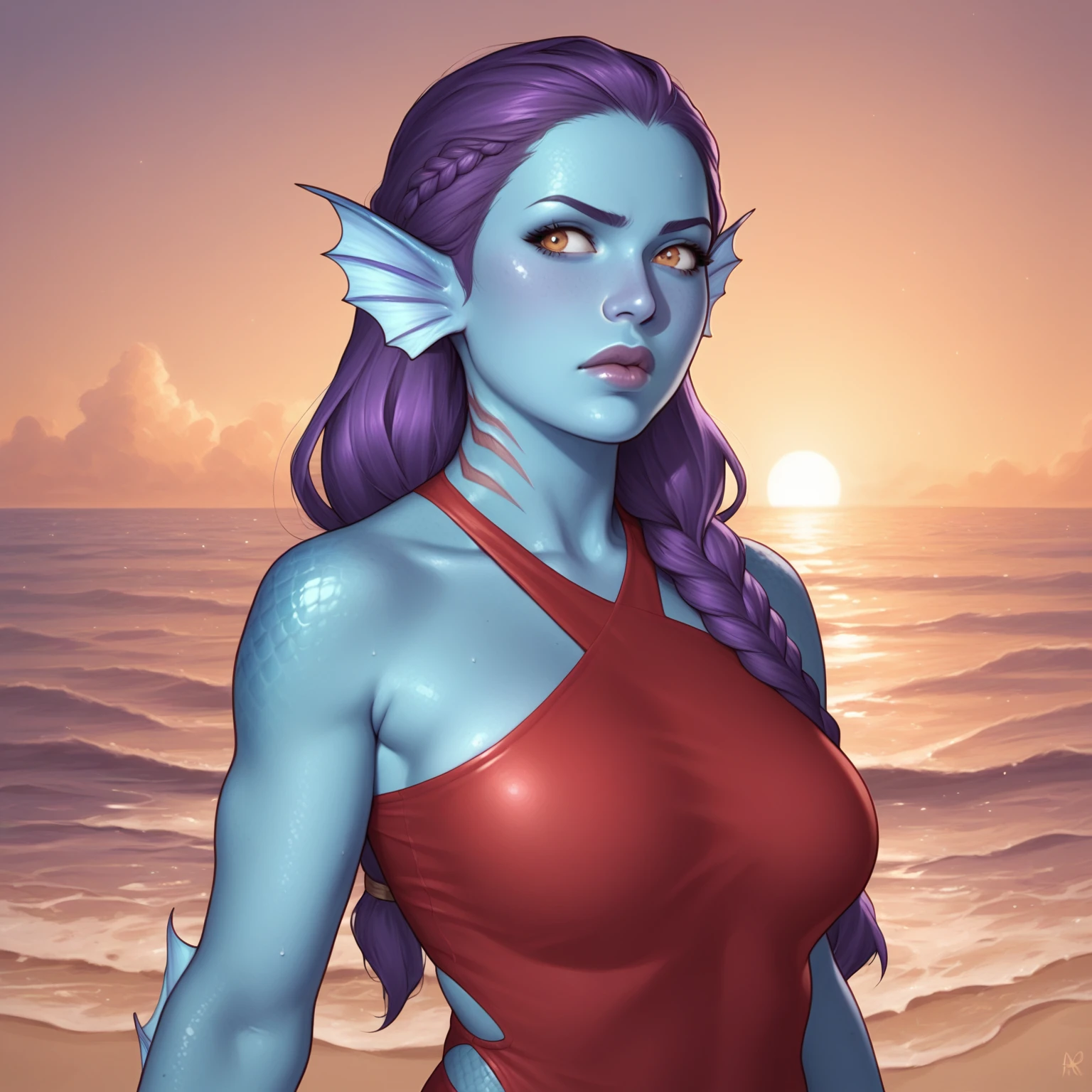 (((beautiful, high quality, perfect eyes, comics style, semi-realistic, detailed face))), score_9, score_8_up, score_7_up, BREAK 1girl, (cowboy shot view, boob focus:0.7), (chubby:0.5) milf, (colored skin, blue skin, gills, head fins, hands with scales, elbow fins, tan scales:1.2), red swimsuit, braided hair, purple hair, disgusted, plump lips, (tan eyes, big detailed eyes:0.7), sunset beach scenery