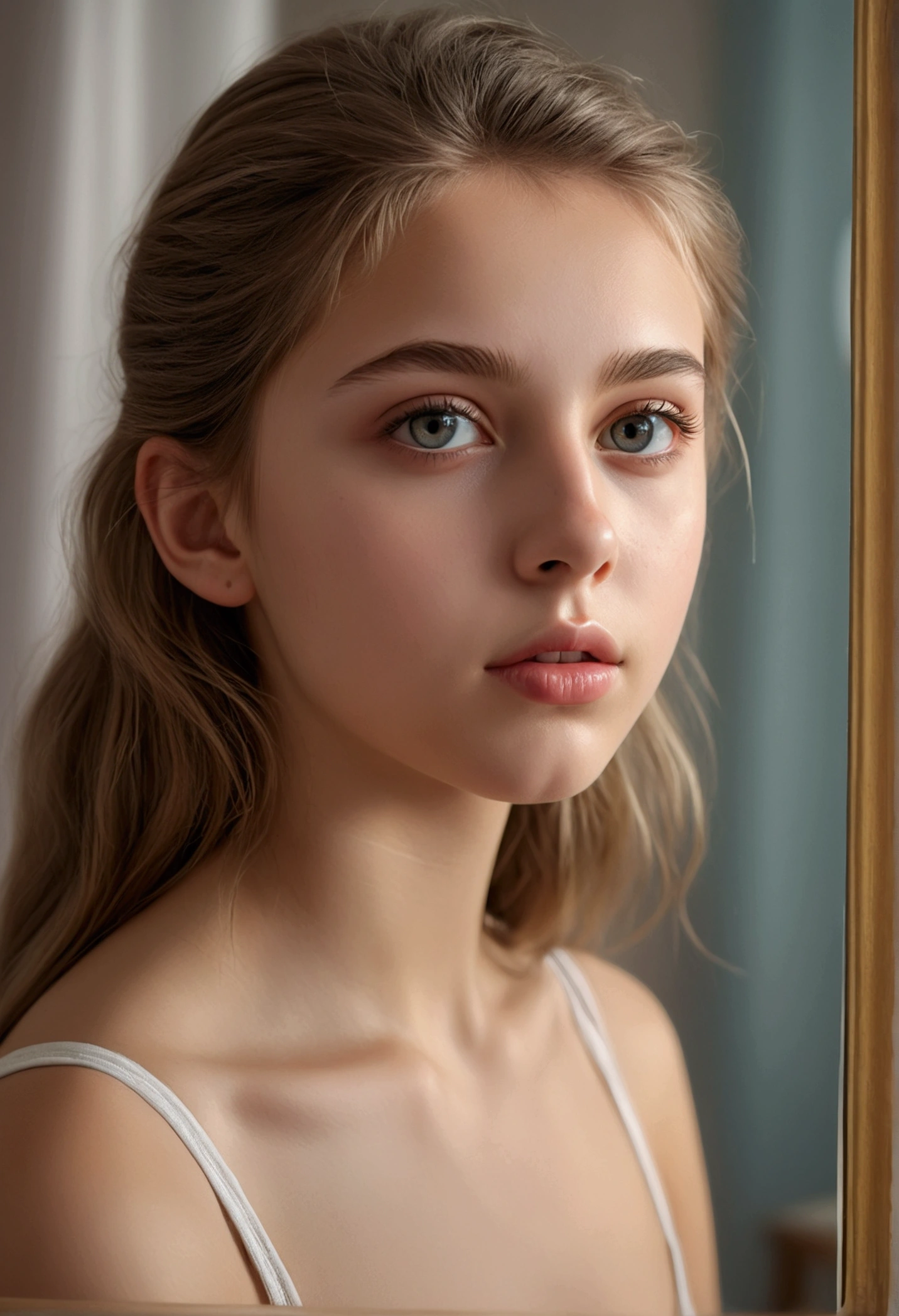 age girl, naked in her bedroom, looking at herself in the mirror, Photo up to the waist, beautiful detailed eyes, beautiful detailed lips, extremely detailed eyes and face, long eyelashes, A serene expression, soft skin, daylight, Cinematic composition, soft colors, Fabulous atmosphere, (Best quality,4K,8 K,a high resolution,masterpiece:1.2), ultra detailed,(realistic,photorealistic,photo-realistic:1.37),HDR,uhd,studio lighting, ultra fine painting, Sharp Focus, physically based rendering, very detailed description, professional, bright colors, hips, portrait