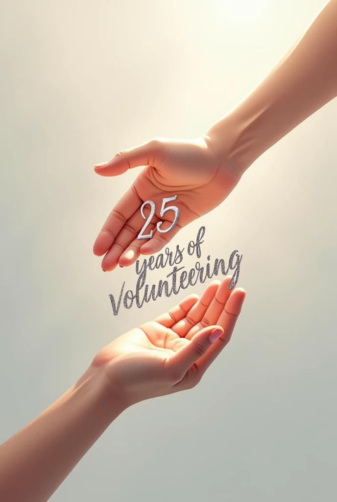 create an art for me.. one hand holding the other representing a chain of volunteering. with the name "25 years of volunteering" in silver letter. Cursive writing and phrase in Portuguese
