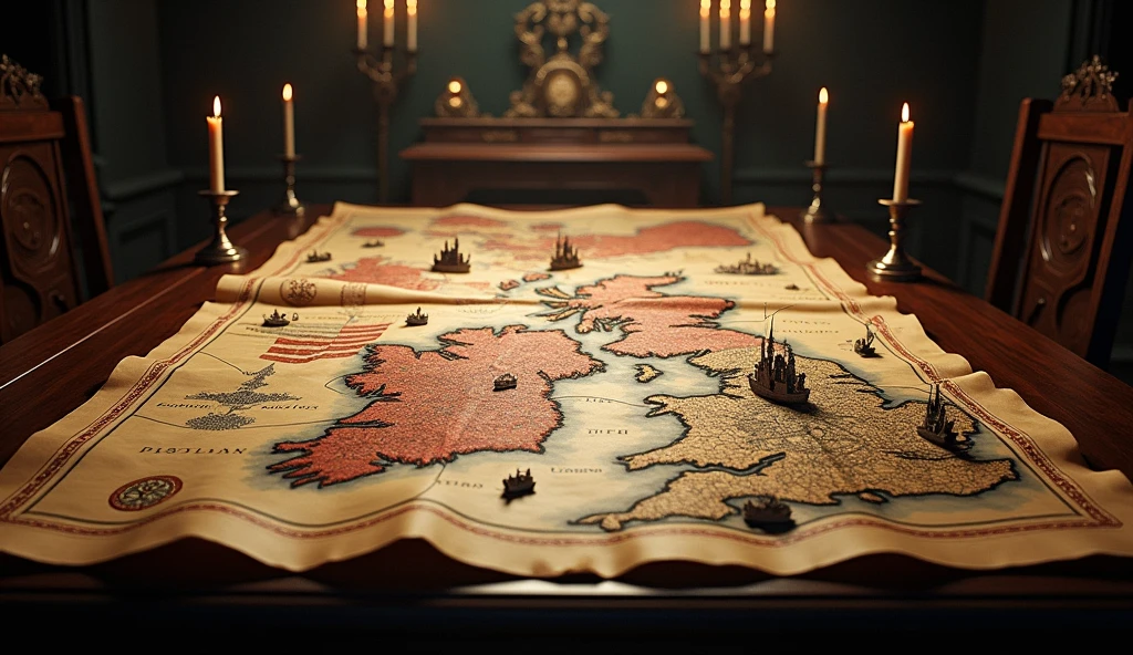 A richly detailed map, aged and weathered, lies spread across a grand wooden table in a dimly lit war room. The map reveals the strategic positions and preliminary military plans of Edward III for the impending war against France. Every line, and mark on the parchment is meticulously drawn, with key locations highlighted in deep reds and blacks, symbolizing the impending conflict. Small, intricately designed figures of knights, castles, and ships are placed on the map, indicating troop movements, naval routes, and key strongholds. The surrounding environment is filled with the heavy atmosphere of preparation—flickering candlelight casts long shadows across the room, adding to the tension and sense of urgency. The dark, moody tones and the attention to historical detail evoke the atmosphere of a grand, cinematic moment, reminiscent of the style of Edmund Blair Leighton. The image captures not just a map, but the very essence of a kingdom on the brink of war, with the fate of na, border, Surrealism, Hyperrealism, UHD, retina, masterpiece, accurate, anatomically correct, textured skin, super detail, 16k