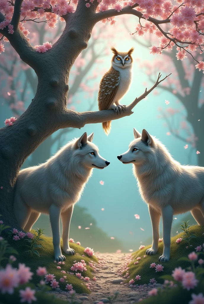 an owl, Two Wolves, Pearl necklace, cherry