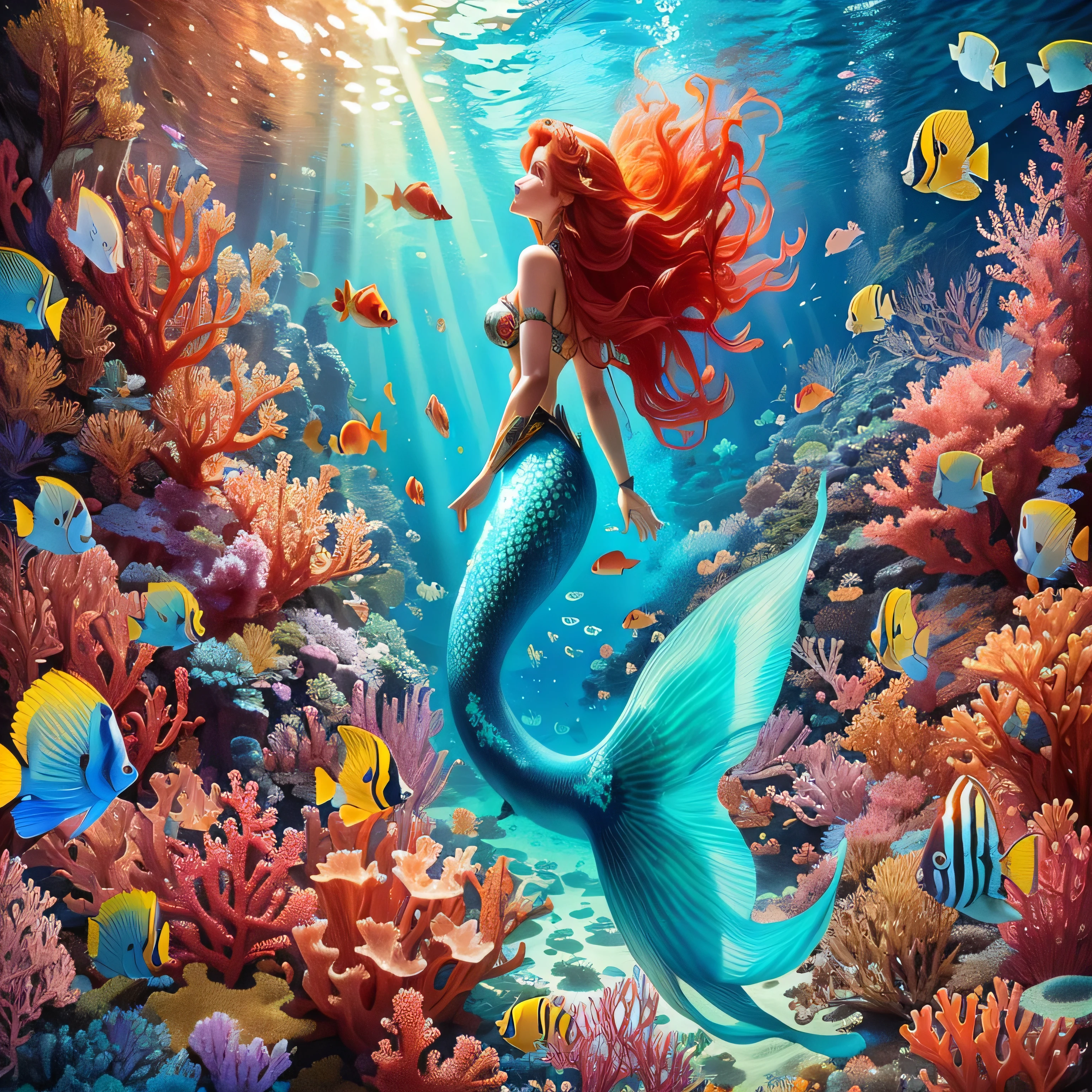 sereia with red hair and fish swimming in a coral reef, beautiful sereia, ariel the little sereia, little sereia, sereia, a sereia in the sea, princess ariel, sereias and fish, the little sereia, little sereia magical kingdom, portrait of sereia, sereia tail, sereias, ariana grande as a sereia, bela arte uhd 4k, emma watson as sea sereia