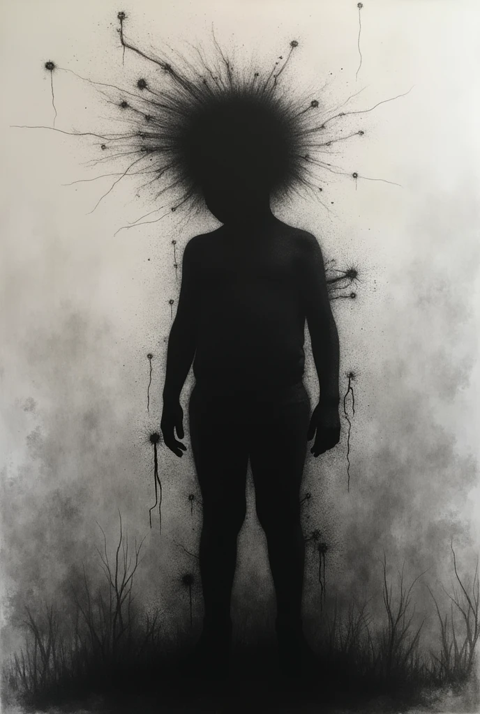 Charcoal art of a child with childhood trauma, ptsd, anxiety and deppresion. Make dark drawings. Please no faces