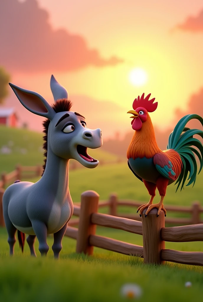 Draw a scene of an angry donkey arguing with a rooster with orange, green and blue plumage on a very pretty farm at dawn. The donkey should have an angry facial expression. The rooster should be very calm, standing on a wooden fence, with its colorful feathers standing out in the design. The farm should be picturesque and detailed, with green fields and a sunrise sky with soft shades of orange and pink, in 3D animated style