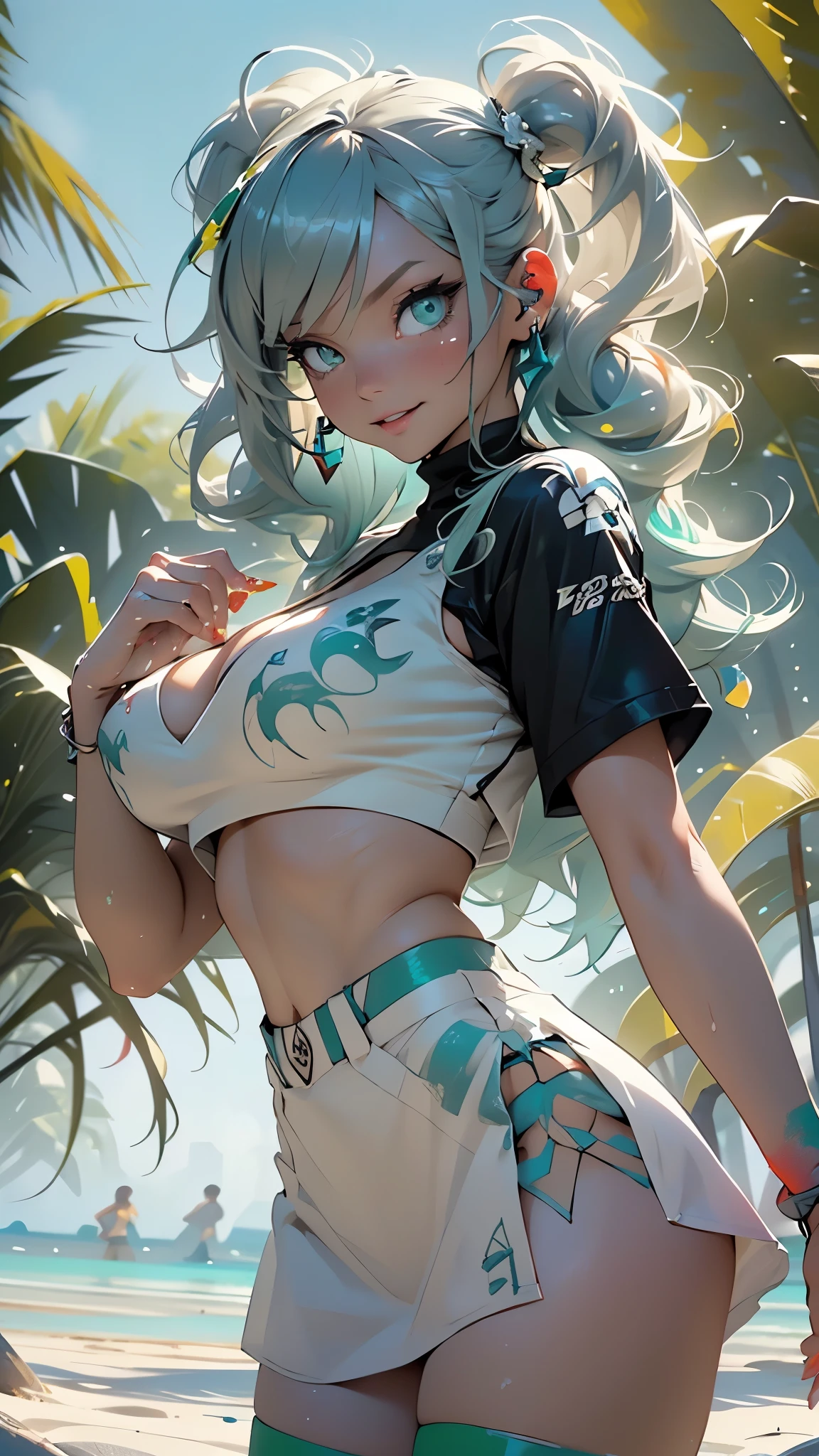 mesopotamian goddess, serious and sexy face, has a face of supernatural beauty, long twintails hair, green hair, decorated with smile emojis, fitness hip, cracked abdominal muscle,
woman,1female,((milf,mom,mature,mature woman,4 female,adult)),
Her figure is extremely voluptuous, gigantic breasts, heavy breasts,(large breasts:1.5),saggy breasts,colored inner hair,((emerald_eyes:1.3))),intricate eyes,beautiful detailed eyes,symmetrical eyes,((((lustrous skin:1.5,bright skin: 1.5,skin tanned,shiny skin,very shiny skin,shiny body,illuminated skin)))),(spider lower abdomen,narrow waist,wide hip,bimbo body,inflated legs,thick thighs),(((detailed face))),
cute,slutty,sensual,seductive look,seductive,((erotic)),opulent,sumptuous,longingly,((nsfw)),
queen,goddess,fantasy,revealing clothing,show skin,zettai ryouiki,revealing clothing,skin show,((rave shirt with a aqua print,rave miniskirt,visible thong straps)),(wearing a rave outfit:1.3,rave clothing,semi-naked,scantily clad),((clothes wet, intricate costume, intricate clothing)), bare belly, bare shoulders, golden bracelets,detailed outfit,cleavage,(((aqua paint on hands:1.5), (aqua paint on body:1.5),(aqua paint on skin:1.5),(paint splatter:1.3))),
(dynamic pose:1.0),arrogant face, arrogant smile,(centered,scale to fit dimensions,Rule of thirds),
outdoor,((beach rave party)),scenery:1.25,((intricate scenery)),((beach rave party background)),beach rave party atmosphere,Summer beach party,sand,beach party behind,harmonized orange sunset adding to the atmosphere of a summer beach party,beach party atmosphere,Boom festival,European rave,Cytorance festival,time golden,Ozora festival,sea,horizon,palm,palm trees,Christmas lights,
(Glossy rave ornaments),highres,sharp focus,(ultra detailed,extremely detailed),(photorealistic artwork:1.37),(extremely detailed CG unity 8k wallpaper),(((vibrant colors,vibrant theme))),(intricate),(masterpiece),(best quality),artistic photography,(photography taken by sldr),(intrica