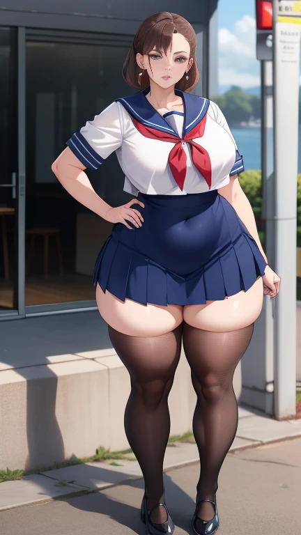 Large Breasts, Big Hips,Full Body Shot, Mature mother, Whipping the lower body, plump thighs, Ample calves, Seductive mature woman, Perfect body, Plus Size Model,high school girl,Sailor suit, The skirt is mini,Mature woman wearing Sailor suit,
