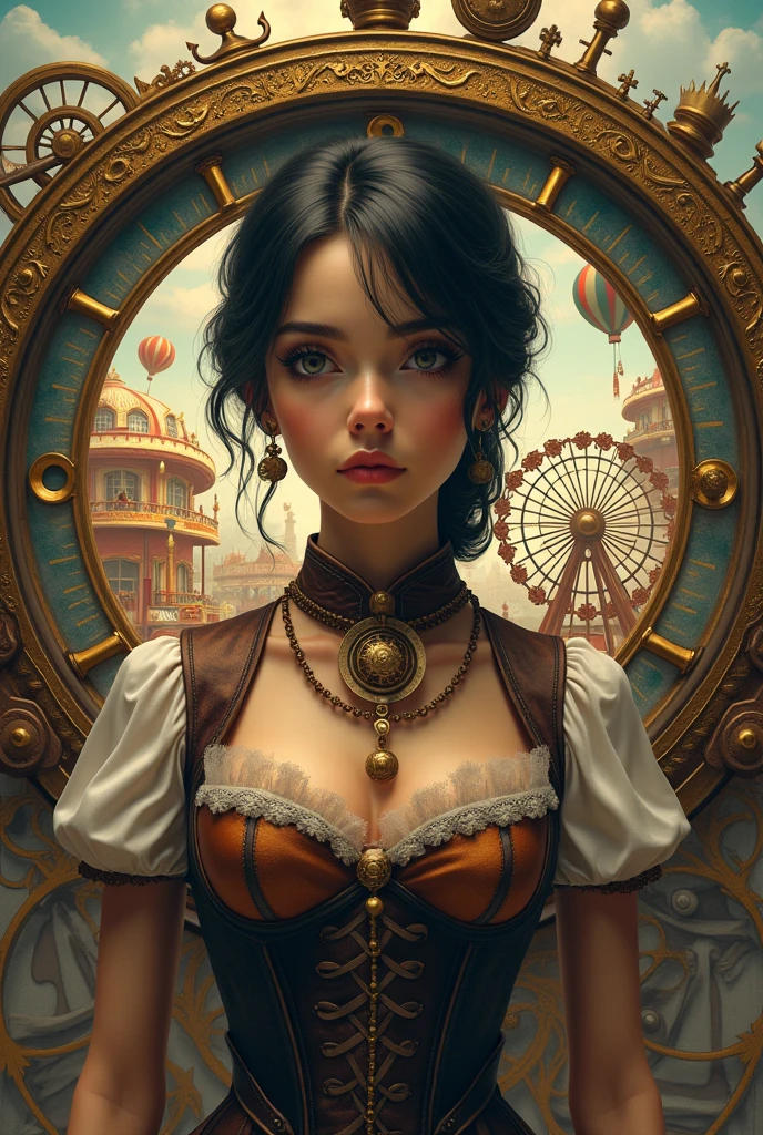 1girl, mechanical watch, steampunk style, antique brass, gears, cogs, watch face with fairground ride, ferris wheel, carousel, rollercoaster, balloons, (best quality,4k,8k,highres,masterpiece:1.2),ultra-detailed,(realistic,photorealistic,photo-realistic:1.37),intricate details, complex machinery, warm lighting, cinematic composition, dynamic angle