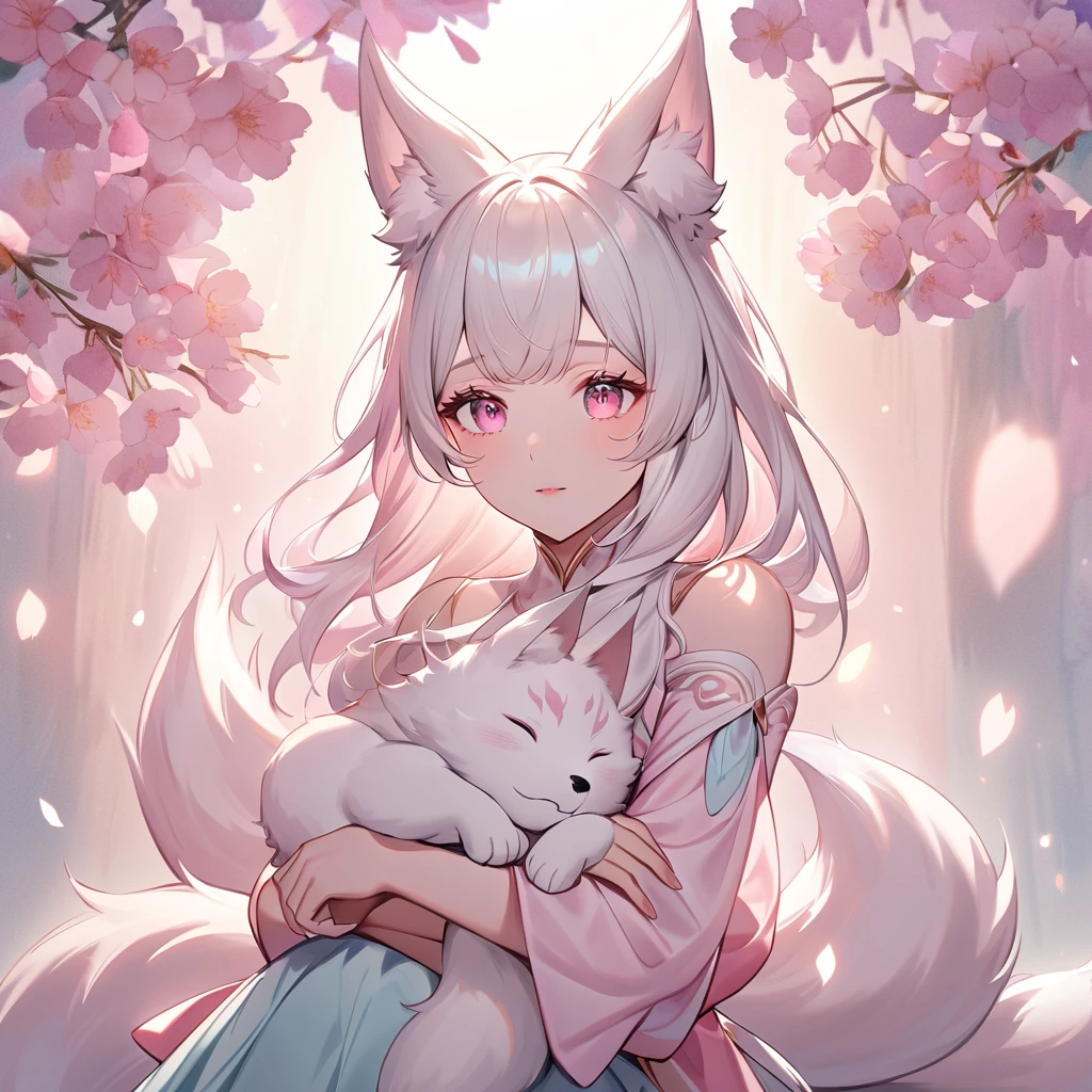 A digital illustration of a kitsune with long white hair and pink eyes, holding a baby kitsune with similar long white hair and pink eyes in her arms. The adult kitsune has an ethereal, serene expression, her flowing white hair cascading down her shoulders, her fox ears peeking through. The baby kitsune is cradled gently, her small hands resting on her mother's chest, looking curiously with her bright pink eyes. The scene is softly lit, with a dreamy, magical atmosphere, surrounded by soft pink cherry blossom petals floating around them, fantasy, folklore, gentle light, pastel colors, whimsical style.