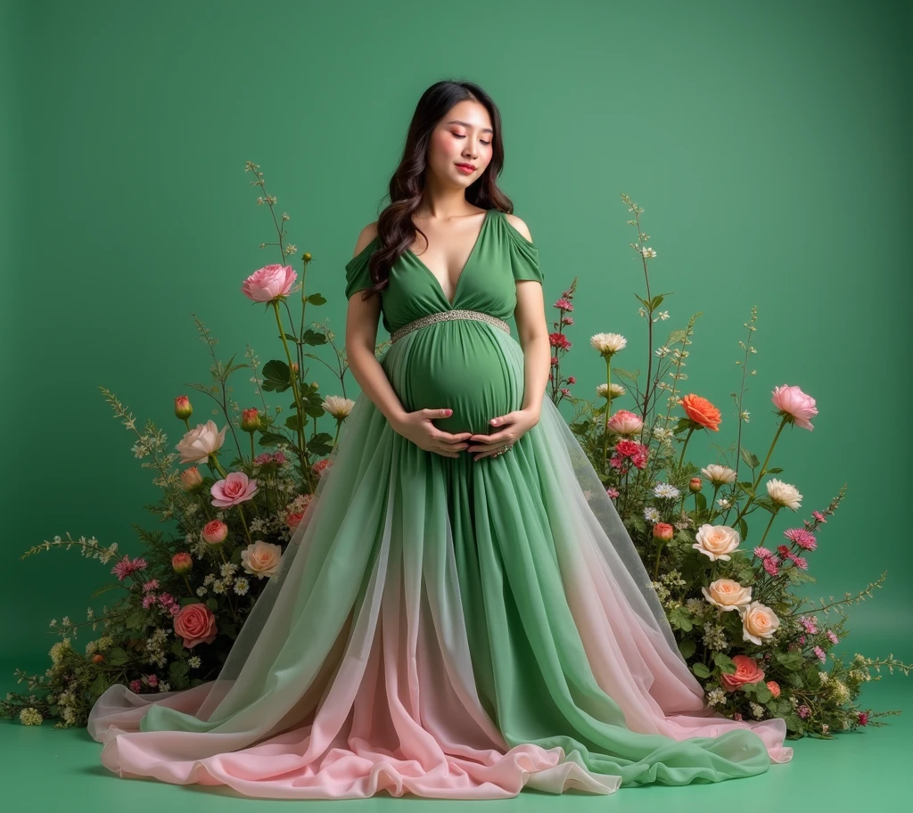 pregnant woman in green dress standing in front of a flower garden, a colorized photo inspired by Kim Du-ryang, shutterstock contest winner, conceptual art, draped in fleshy green and pink, maternal photography 4 k, full body portrait shot, full body photograph, green and pink, full body photoshoot, full body wide shot, full body portrait, award winning studio photo