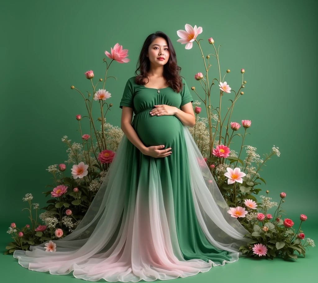 pregnant woman in green dress standing in front of a flower garden, a colorized photo inspired by Kim Du-ryang, shutterstock contest winner, conceptual art, draped in fleshy green and pink, maternal photography 4 k, full body portrait shot, full body photograph, green and pink, full body photoshoot, full body wide shot, full body portrait, award winning studio photo