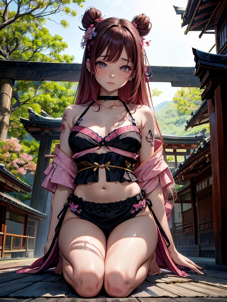 Japanesse beautifull girl, pink & brown hairadd high definition_detail:1, tribal tattoo add_detail:1, in hell add_detail, barefoot, blue saturation light, ( beatifull black and sensual kimono), japanesse shrine landscape 