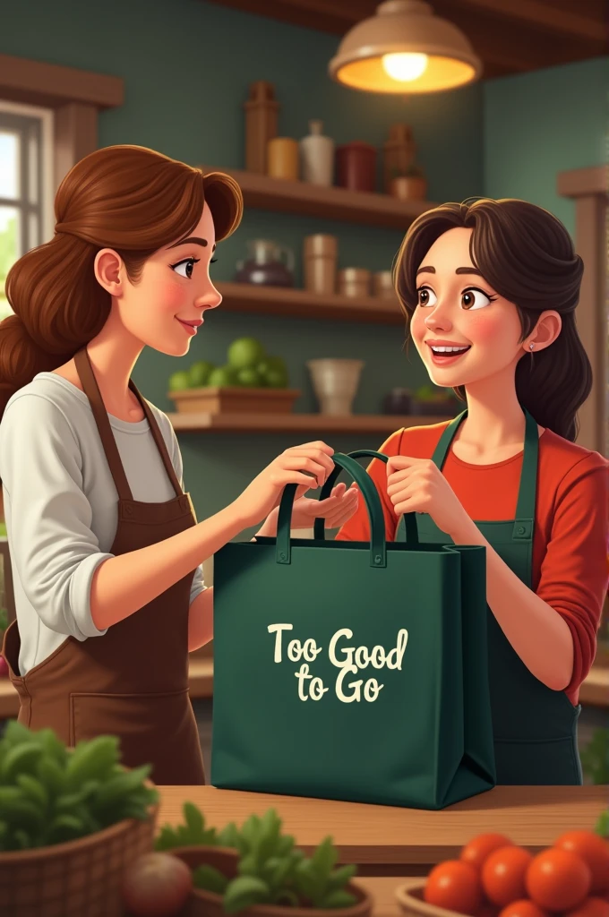 Une commerçante qui donne un sac de courses a une cliente ( sac doit être visibles et il faut que ça soit un sac vert foncé où y'a marqué too good to go dessus)