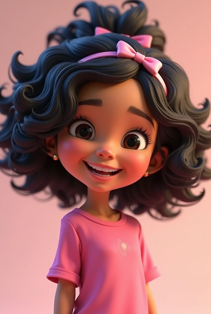 Girl, , brunette skin, black hair with defined curls and with bow, pink clothes, black eyes, Smiling, pixar 3d illustration