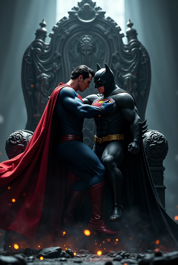 Batman and Superman fight on dark throne
