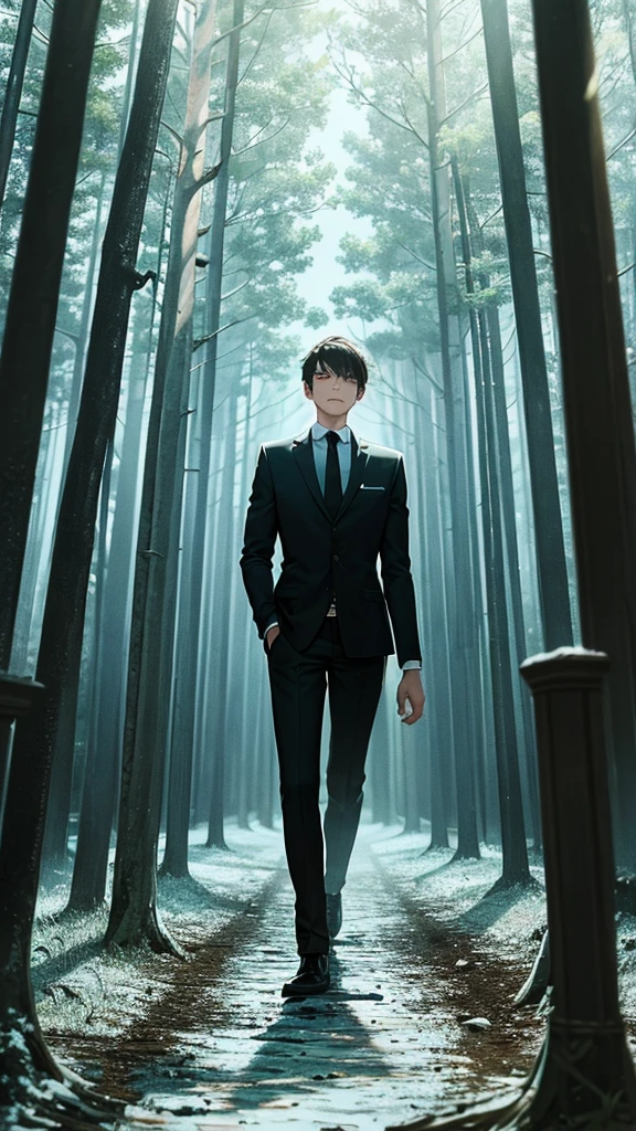 A young man faces a corridor in a forest full of mirrors in the tree branches. Dark and gloomy