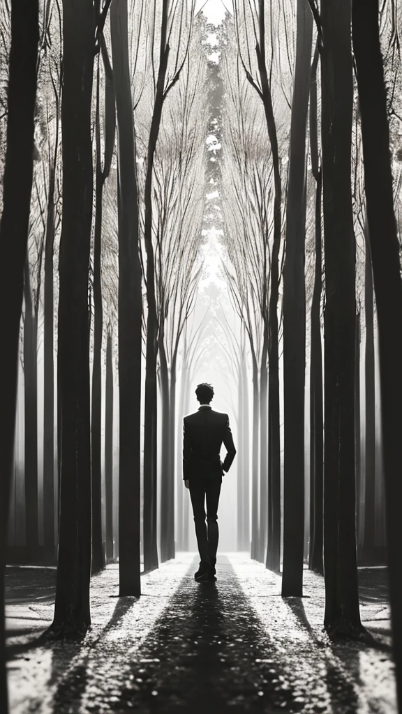 A young man faces a corridor in a forest full of mirrors in the tree branches. Dark and gloomy