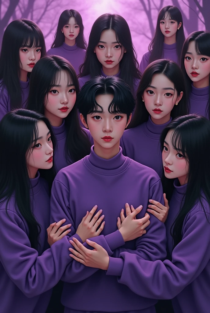  10 Girls tied together by a purple ribbon on their wrist protecting an Asian named Min Yoongi in purple sweaters