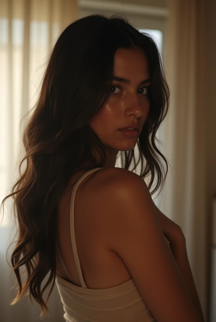 1 Instagram girl with dark brown hair posing from behind in a room 