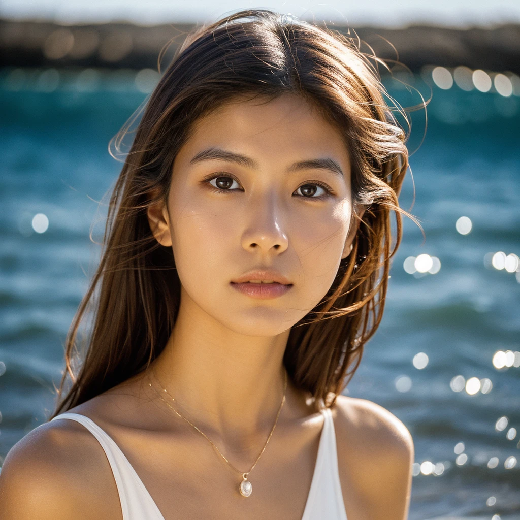 A hyper-realistic image of a single Japanese woman in her early 20s, captured with the nostalgic warmth and pronounced graininess of a film camera, showing her from the shoulders up as she stands on a sunlit beach. Her skin has a warm beige tone with a natural, visibly rough texture that includes pronounced pores, fine lines, and subtle imperfections such as small blemishes, slight unevenness, and a hint of sun exposure, contributing to the authenticity of her appearance. The texture of her skin is intentionally less smooth, with a tangible roughness that enhances the realism, making the surface appear slightly weathered by the elements. The soft, diffused natural light illuminates her face and shoulders with a gentle touch, casting shadows that subtly reveal the unevenness of her skin. Her straight, glossy black hair flows naturally in the ocean breeze, framing her face, and her deep brown eyes reflect the soft sunlight and the shimmering sea. The film camera effect amplifies the grain and texture, creating a warm, nostalgic atmosphere while maintaining the deliberately rougher, less polished texture of her skin. The composition, focused on her upper body, captures the serene elegance of the beach setting, highlighting the natural interaction of light and shadow on her skin. This combination of a rough, realistic skin texture, soft natural light, and the grainy film-like qualities ensures that the image presents an authentic, lifelike portrayal of the woman, centered on her face and shoulders.
