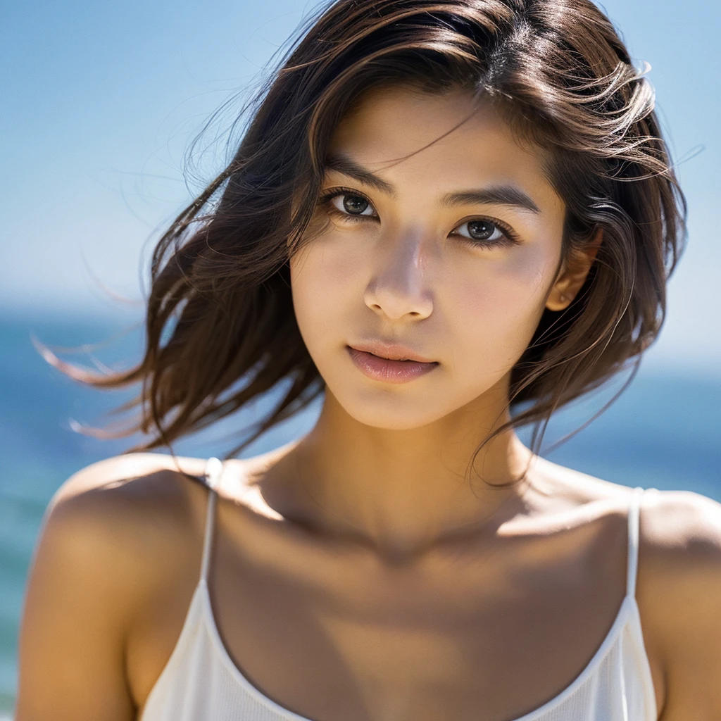 A hyper-realistic image of a single Japanese woman in her early 20s, captured with the nostalgic warmth and pronounced graininess of a film camera, showing her from the shoulders up as she stands on a sunlit beach. Her skin has a warm beige tone with a natural, visibly rough texture that includes pronounced pores, fine lines, and subtle imperfections such as small blemishes, slight unevenness, and a hint of sun exposure, contributing to the authenticity of her appearance. The texture of her skin is intentionally less smooth, with a tangible roughness that enhances the realism, making the surface appear slightly weathered by the elements. The soft, diffused natural light illuminates her face and shoulders with a gentle touch, casting shadows that subtly reveal the unevenness of her skin. Her straight, glossy black hair flows naturally in the ocean breeze, framing her face, and her deep brown eyes reflect the soft sunlight and the shimmering sea. The film camera effect amplifies the grain and texture, creating a warm, nostalgic atmosphere while maintaining the deliberately rougher, less polished texture of her skin. The composition, focused on her upper body, captures the serene elegance of the beach setting, highlighting the natural interaction of light and shadow on her skin. This combination of a rough, realistic skin texture, soft natural light, and the grainy film-like qualities ensures that the image presents an authentic, lifelike portrayal of the woman, centered on her face and shoulders.