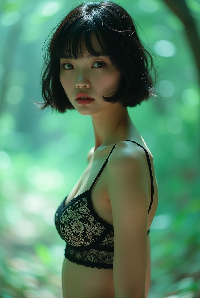 editorial photography,super detailed background,Super realistic,double exposure,depth of field,beauty super slender skinny vides,soft_focus tone,narrative scene,open glossy_lips,wavy very short bob-cut hair,Zentangle_lingerie stockings,abs,brutal_gaze,midsummer merging with midwinter,fullbody_shot,blunt_bangs,Chinese,jade_eyes,SCI-FI,