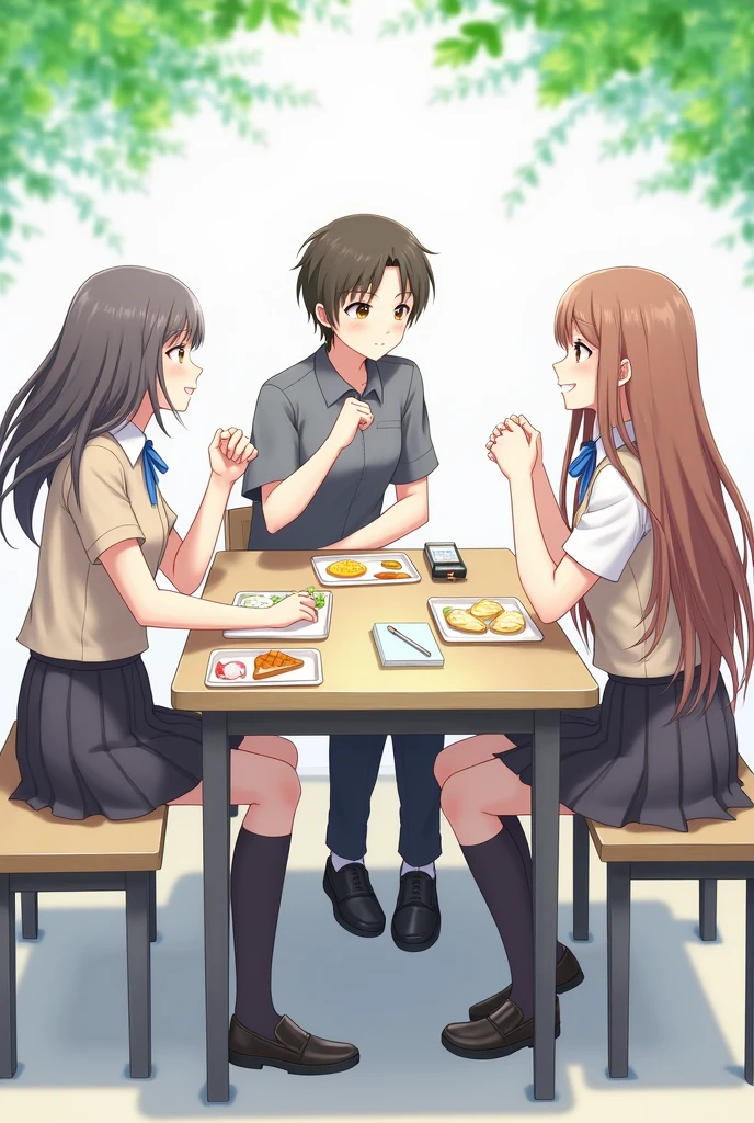 Two girls and a boy having lunch at a table ,wearing school uniforms .